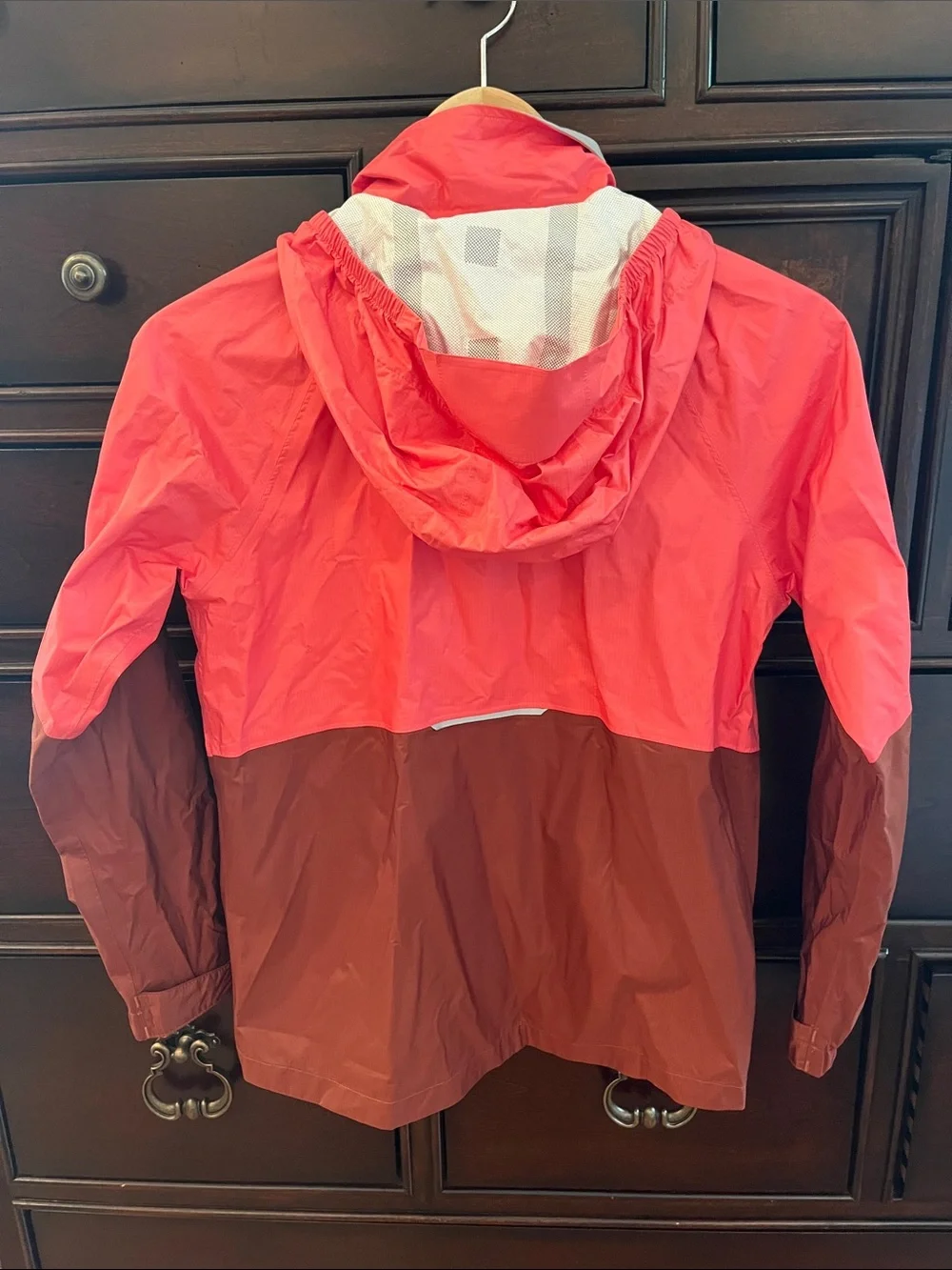 REI Two-Tone Coral and Burgundy Hooded Rain Shell